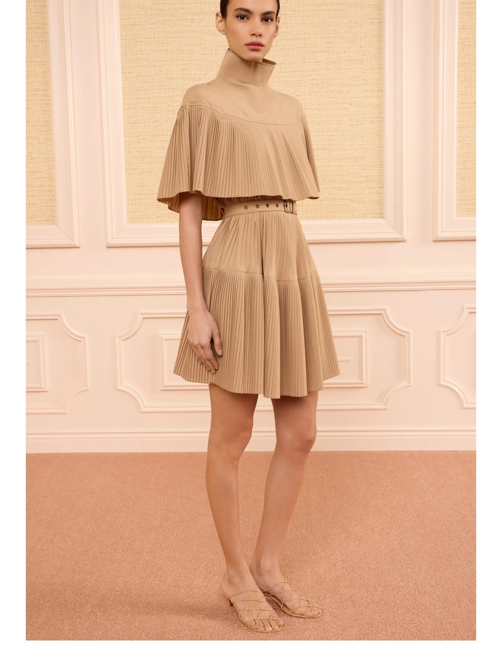 Ulla Johnson Tan Pleated Funnel-Neck Mini Dress